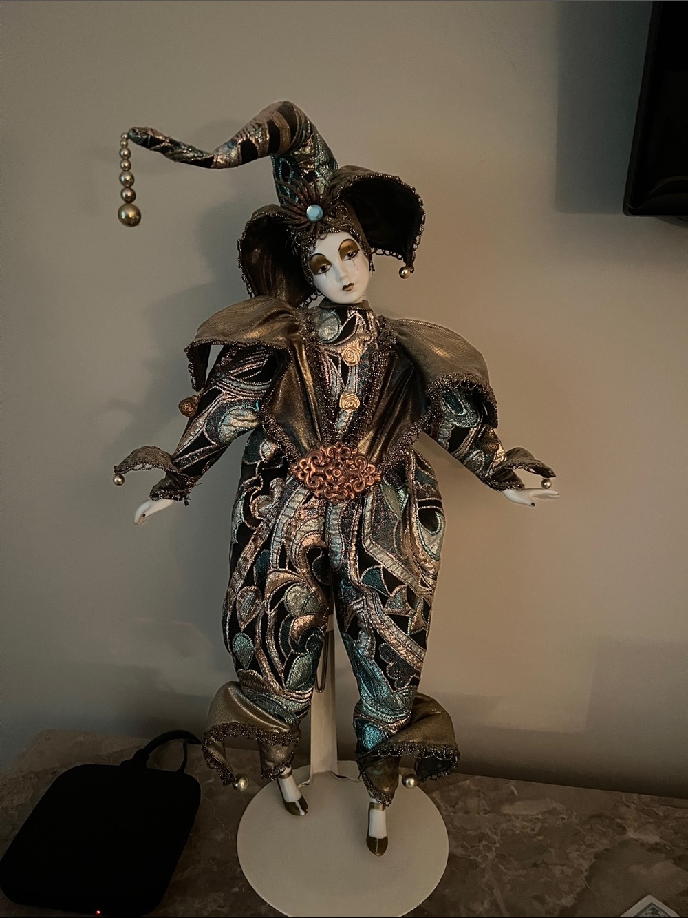 Porcelain doll Jester Costume in Metallic Teal and Bronze